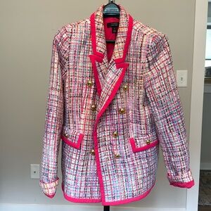 Women’s multi tweed pink blazer with gold buttons